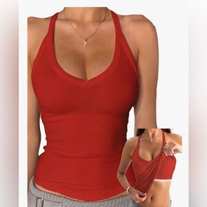 NWT Women's Red Ribbed Tank Top with built-in bra